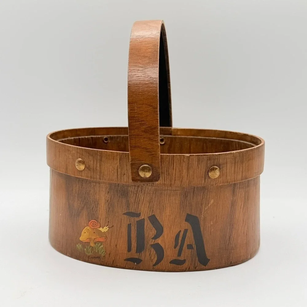 Vintage Hand Painted Mushroom Snail Bent Wood Basket Brown Good C. Almand BA